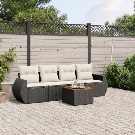 Salon de Jardin 5 Places Noir Résine Tressée avec Coussins Crème - 2 Canapés, 2 Sièges, Table Acacia - Meuble Extérieur Modulaire (1/4)