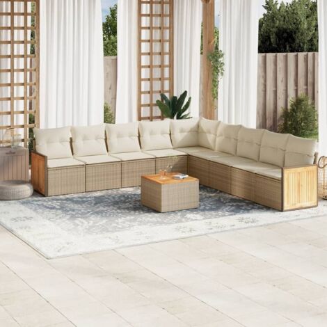Ensemble Salon Jardin 10 Places Résine Tressée Beige avec Coussins - Table Acacia, Stockage Intégré, Modulaire (1/3)