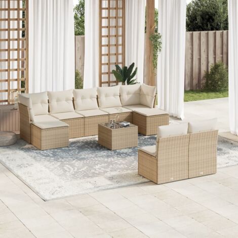 Ensemble Salon Jardin 10 Places Résine Tressée Beige avec Coussins et Table Verre - Modulaire Rangement Intégré (1/3)