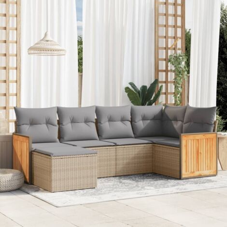 Ensemble Salon Jardin 6 Places Résine Tressée Beige avec Coussins Gris - Mobilier Extérieur Modulaire (1/4)