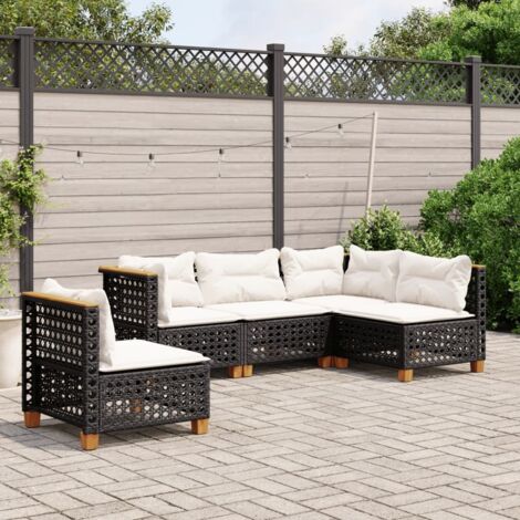 Ensemble Salon Jardin 5 Places Noir Résine Tressée avec Coussins Crème - Canapés d'Angle et Centraux Modulables Acacia (1/4)