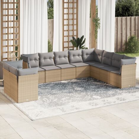 Ensemble Salon Jardin 10 Places Résine Tressée Beige avec Coussins Gris, Modulaire, Stockage Intégré, Résistant aux UV (1/3)