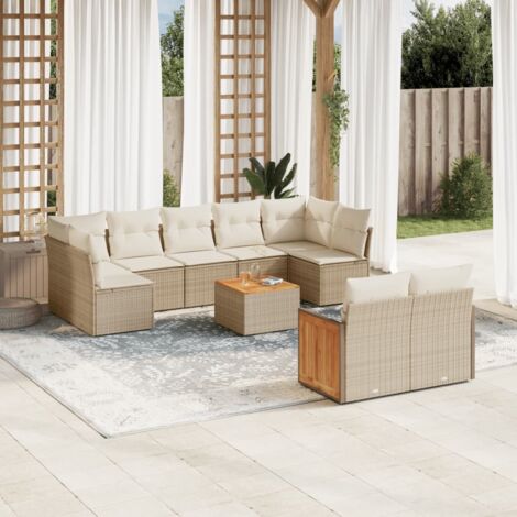 Ensemble Salon Jardin 10 Places Résine Tressée Beige avec Coussins - Table Acacia, Modulaire, Rangement Intégré (1/3)