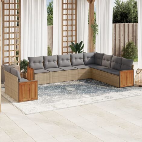 Ensemble Salon Jardin 10 Places Résine Tressée Beige avec Coussins Gris Modulable (1/4)