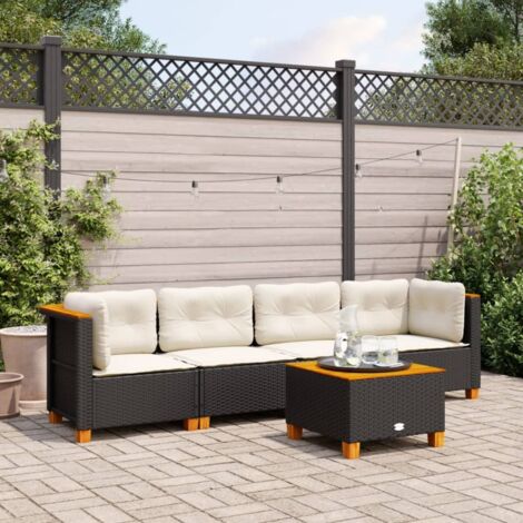 Ensemble Salon Jardin 5 Places Noir Résine Tressée avec Coussins Crème et Table Acacia Mobilier Extérieur Modulaire Design (1/4)