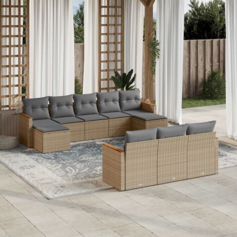 Ensemble Salon Jardin 10 Places Résine Tressée Beige avec Coussins Gris Modulaire Stockage (1/3)