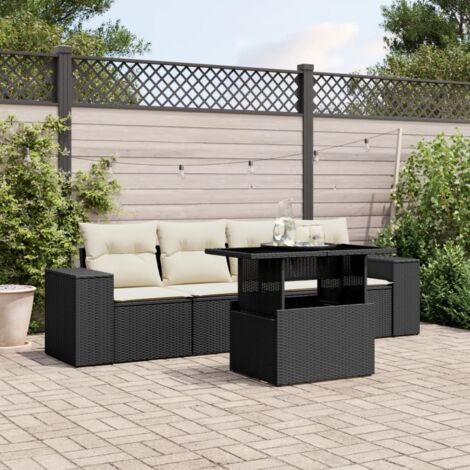Ensemble Salon Jardin 5 Places Noir Résine Tressée avec Coussins Crème - Table Réglable Hauteur, Mobilier Extérieur Modulaire (1/4)