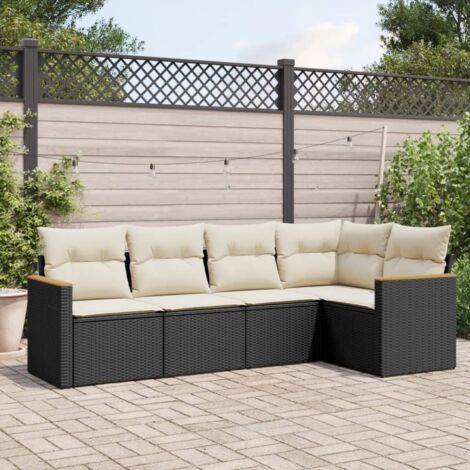 Ensemble Salon Jardin 5 Places Noir Résine Tressée avec Coussins Crème - Meuble Extérieur Modulaire Acier (1/4)