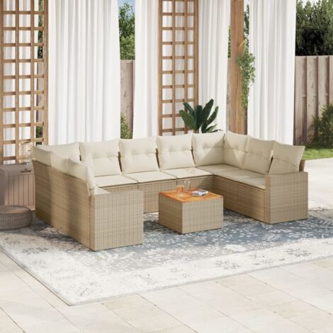 Ensemble Salon Jardin 10 Places Résine Tressée Beige avec Coussins Amovibles, Table Acacia et Espaces Rangement Modulaires (1/4)