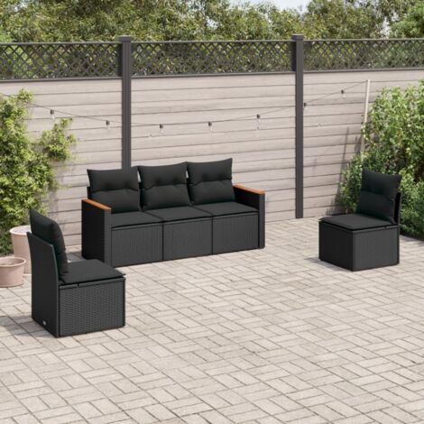 Ensemble Salon Jardin 5 Places Noir Résine Tressée avec Coussins et Rangement Modulaire (1/3)