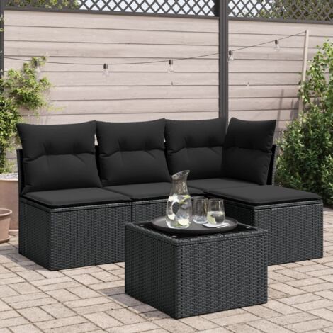 Ensemble Salon Jardin 5 Places Noir Résine Tressée avec Coussins et Table Verre Trempé - Mobilier Extérieur Modulaire Durable (1/3)