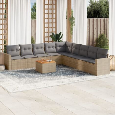 Ensemble Salon Jardin 10 Places Résine Tressée Beige avec Coussins Gris - Table Acacia, Modulaire (1/3)