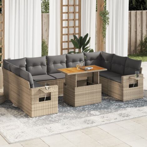 Ensemble Salon Jardin 10 Places Résine Tressée Beige avec Coussins Gris, Table Réglable et Rangement Modulaire (1/4)