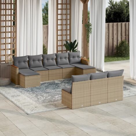 Ensemble Salon Jardin 10 Places Résine Tressée Beige avec Coussins Gris, Stockage Intégré et Accoudoirs Acacia (1/3)