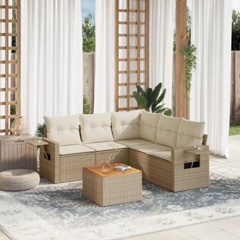Ensemble salon jardin 6 places résine tressée beige avec coussins et rangement intégré (1/3)