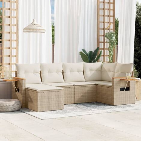 Canapé d'extérieur 6 places en résine tressée beige avec coussins et rangement intégré (1/3)