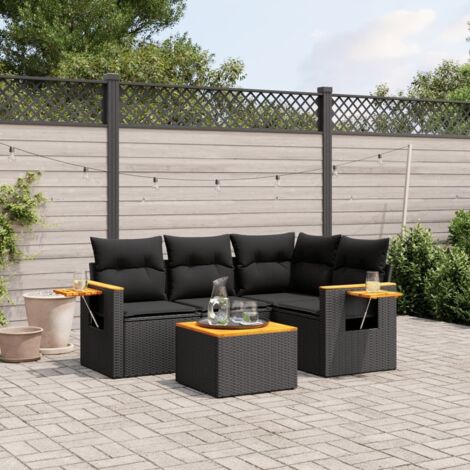 Ensemble Salon Jardin 5 Places Noir Résine Tressée avec Coussins et Table Acacia - Meuble Extérieur Modulaire (1/4)