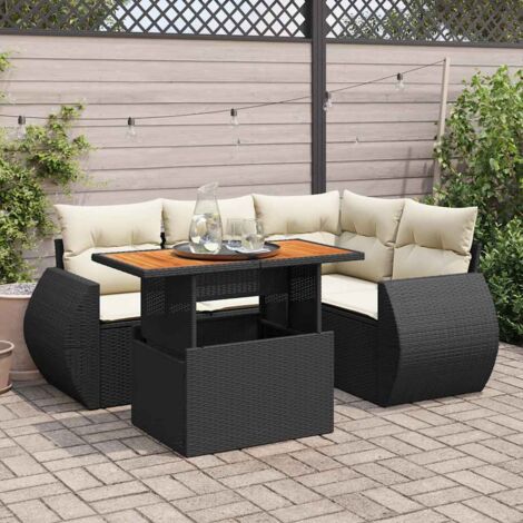 Ensemble Salon Jardin 5 Places Noir Résine Tressée avec Table Acacia et Coussins Crème - Stockage Intégré (1/4)