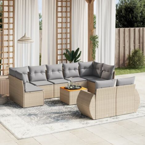 Ensemble Salon Jardin 10 Places Résine Tressée Beige avec Coussins Gris, Table Acacia, Modulaire, Rangement Intégré (1/3)