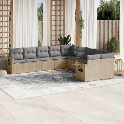Ensemble Salon Jardin 10 Places Résine Tressée Beige avec Coussins Gris Modulaire (1/4)