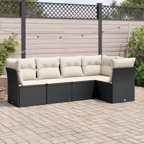 Ensemble Jardin 5 Places Résine Tressée Noir avec Coussins Crème - Salon d'Extérieur Modulaire avec Rangement et Housse Lavable (1/3)