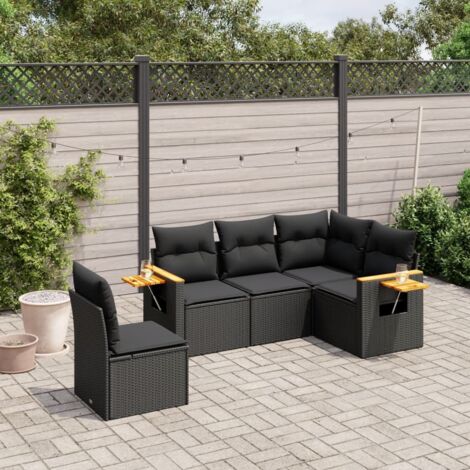 Ensemble Salon Jardin 5 Places Noir Résine Tressée avec Coussins Déhoussables - Meuble Extérieur Modulaire Table Accoudoir Intégrée (1/4)
