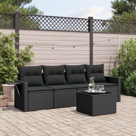 Ensemble Salon Jardin 5 Places Noir Résine Tressée avec Coussins - Canapé Modulaire, Table et Espace Rangement Intégré (1/3)