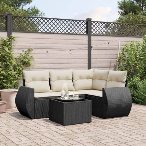 Ensemble Salon Jardin 5 Places Noir Résine Tressée avec Table Verre Trempé et Coussins Détachables - Stockage Intégré (1/3)