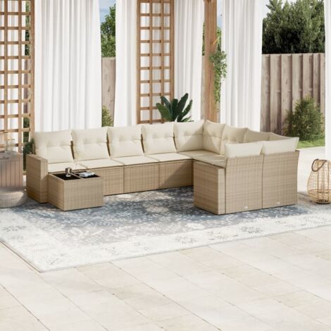 Ensemble Salon Jardin 10 Places Résine Tressée Beige avec Coussins - Table Verre Trempé, Stockage Intégré, Modulaire (1/3)
