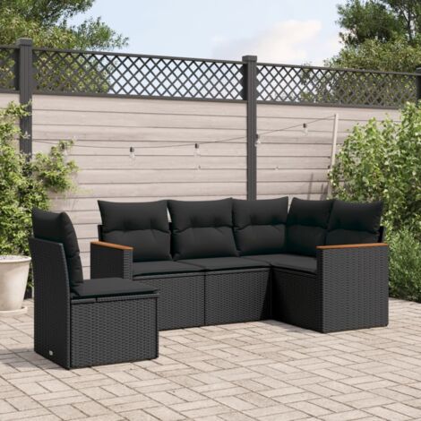 Ensemble Salon Jardin 5 Places Noir Résine Tressée avec Coussins et Rangement Modulaire (1/3)