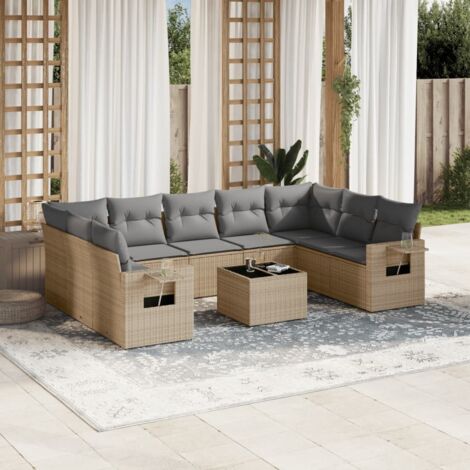 Ensemble Salon Jardin 10 Places Résine Tressée Beige avec Coussins Gris - Table Verre Trempé - Mobilier Extérieur Modulaire (1/4)