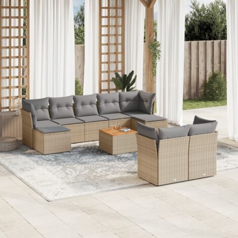 Ensemble Salon Jardin 10 Places Résine Tressée Beige avec Coussins Gris - Canapés d'Angle et Central, Table Acacia, Modulaire (1/3)