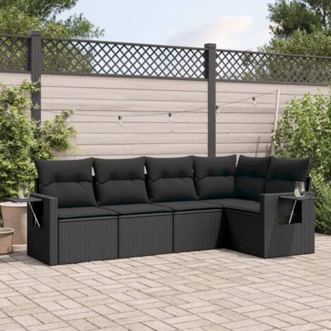 Ensemble Salon Jardin 5 Places Noir Résine Tressée avec Coussins Déhoussables - Canapé d'Angle Modulaire Tables Incorporées (1/4)