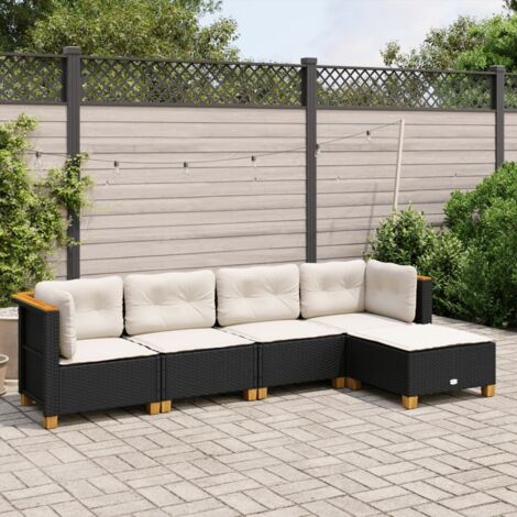 Ensemble Salon Jardin 5 Places Résine Tressée Noir avec Coussins Crème - Meuble Extérieur Modulaire en Polyrotin avec Pieds Acacia (1/4)