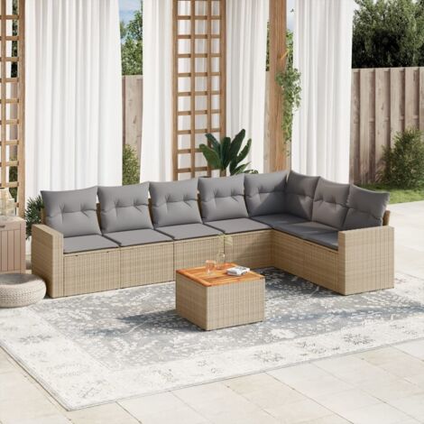Salon de jardin 8 places en résine tressée beige avec coussins gris - Ensemble modulaire table acacia et canapés (1/3)