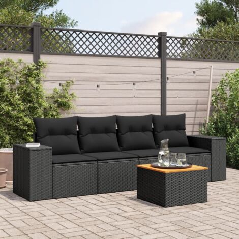 Ensemble Salon Jardin 5 Places Noir Résine Tressée avec Coussins et Table Acacia - Mobilier Extérieur Modulaire avec Rangement (1/3)