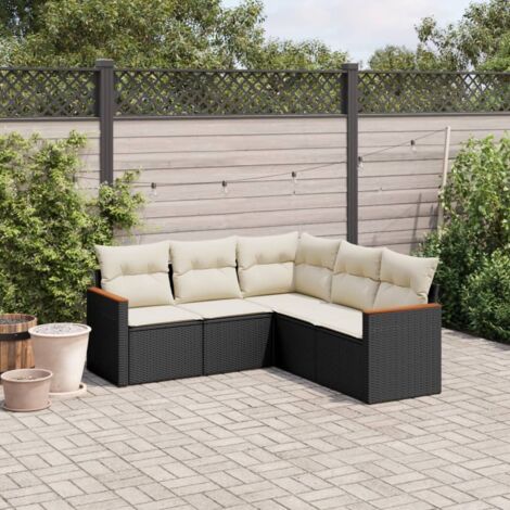 Ensemble Salon Jardin 5 Places Noir Résine Tressée avec Coussins Crème - Modulaire avec Rangement et Housses Lavables (1/3)