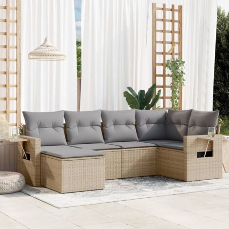 Canapé de Jardin 6 Places en Résine Tressée Beige avec Coussins Gris - Ensemble Salon Extérieur Modulaire avec Tables d'Appoint (1/4)