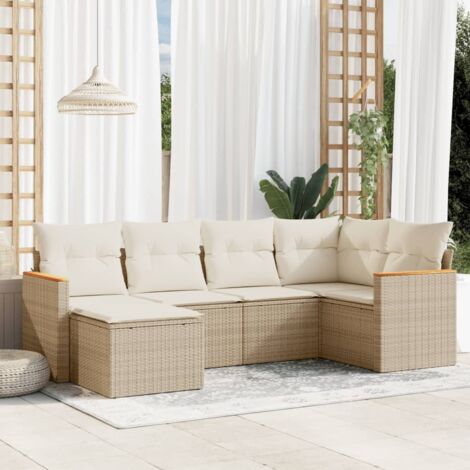 Ensemble Salon Jardin 6 Places Résine Tressée Beige avec Coussins Amovibles et Rangement Modulaire (1/3)