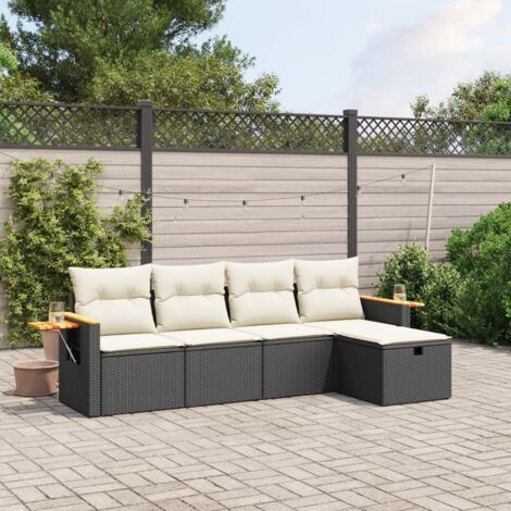 Salon de jardin 5 places en résine tressée noir avec repose-pied et coussins lavables - Ensemble modulaire avec 2 canapés et 2 sièges (1/4)
