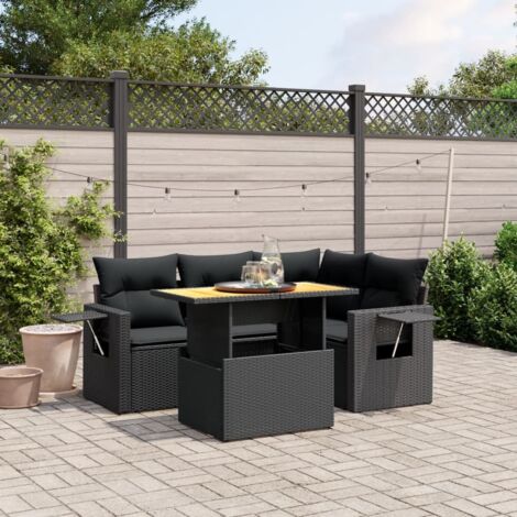 Ensemble Salon Jardin 5 Places Noir Résine Tressée avec Coussins - Table Réglable et Modulaire (1/3)