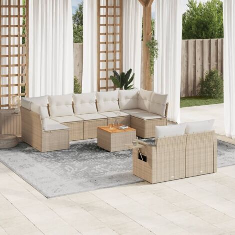 Ensemble Salon Jardin 10 Places Résine Tressée Beige avec Coussins Crème - Meuble Extérieur Modulaire avec Rangement et Table Acacia (1/3)
