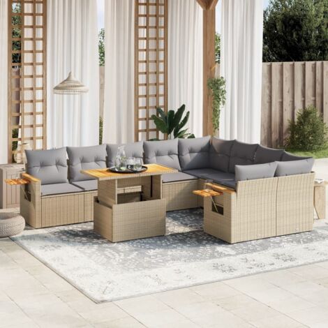Ensemble Salon Jardin 10 Places Résine Tressée Beige avec Coussins Gris Modulable (1/3)