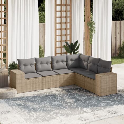 Ensemble Salon Jardin 6 Places Résine Tressée Beige avec Coussins Gris - Mobilier Extérieur Modulaire avec Rangement (1/3)