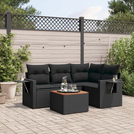 Ensemble Salon Jardin 5 Places Noir Résine Tressée avec Coussins - Table Acacia - Modulaire Extérieur (1/4)