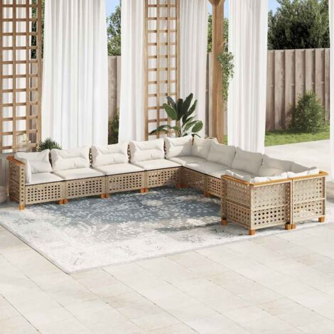 Ensemble Salon Jardin 10 Places Résine Tressée Beige avec Coussins Amovibles - Meuble Extérieur Modulaire en Polyrotin avec Housse Lavable (1/4)