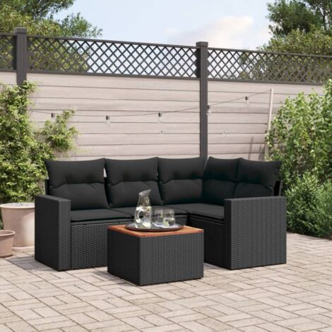 Ensemble Salon Jardin 5 Places Noir Résine Tressée avec Coussins - Table Acacia - Modulaire Extérieur (1/3)