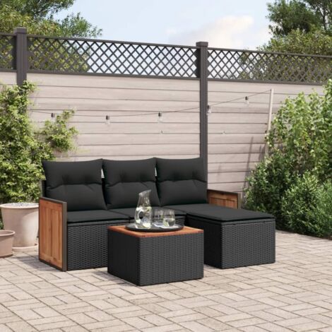Ensemble Salon Jardin 5 Places Noir Résine Tressée avec Coussins et Table Acacia - Meuble Extérieur Modulaire Design Confortable (1/4)