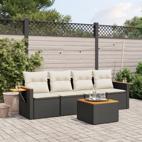 Ensemble Salon Jardin 5 Places Noir Résine Tressée avec Coussin Crème - 2 Sièges Centraux, 2 Sièges Coin et Table Acacia - Stockage Intégré (1/3)