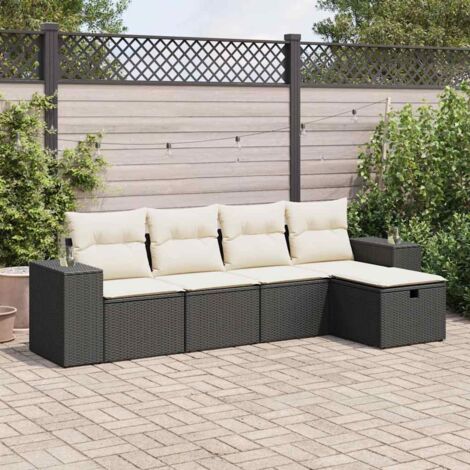 Ensemble Jardin 5 Places Noir Résine Tressée avec Coussins Crème - Salon Extérieur Modulaire avec Rangement et Housse Lavable (1/4)
